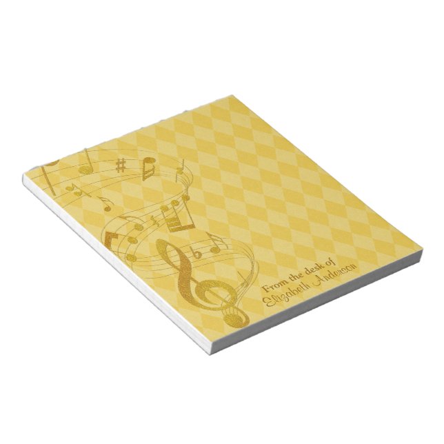 Gold Music Notes Harlequin Personalized Notepad (Angled)