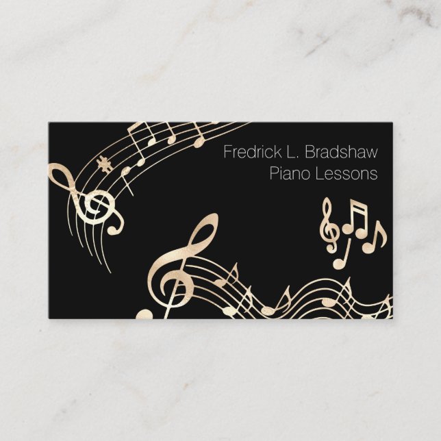 Gold Music Notes on Black Business Card (Front)