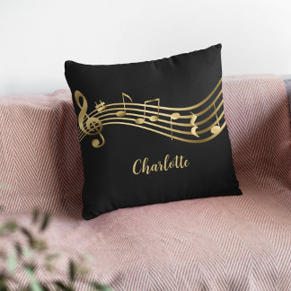 Gold Music Notes on Black Elegant Musician Throw Pillow