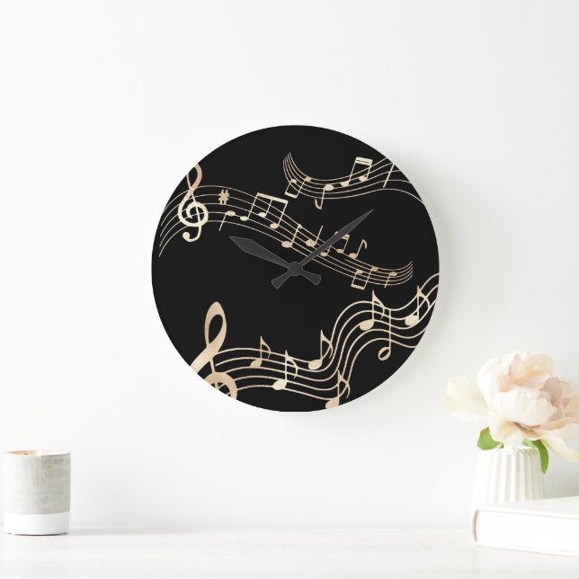Gold Music Notes on Black Medium Large Clock (Home)