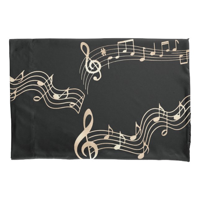 Gold Music Notes on Black Medium Pillow Case (Front)