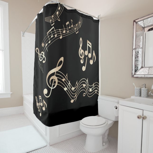 Gold Music Notes on Black Medium Shower Curtain (In Situ)