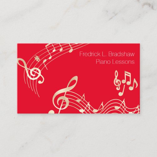 Gold Music Notes on Red Business Card