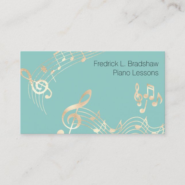 Gold Music Notes on Teal Business Card (Front)