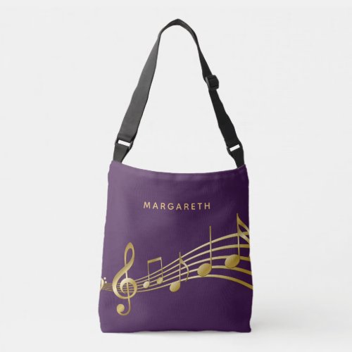 Gold music notes purple musician name crossbody bag