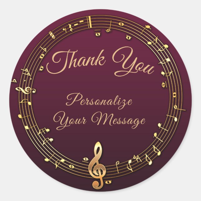 Gold Music Notes Thank You Personalized Design Classic Round Sticker (Front)