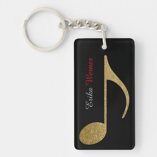 Gold Musical Note with name and initials black Keychain (Front)