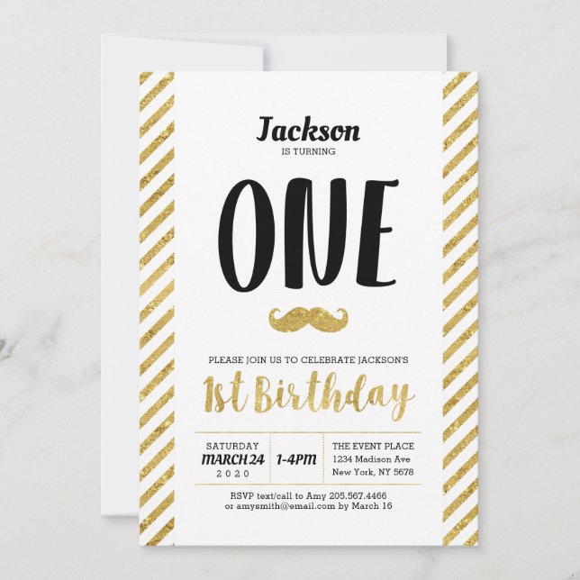 Gold, Mustache | Boy 1st Birthday Invitation (Front)