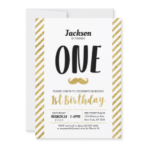 Gold, Mustache | Boy 1st Birthday Invitation