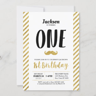 Gold, Mustache   Boy 1st Birthday Invitation