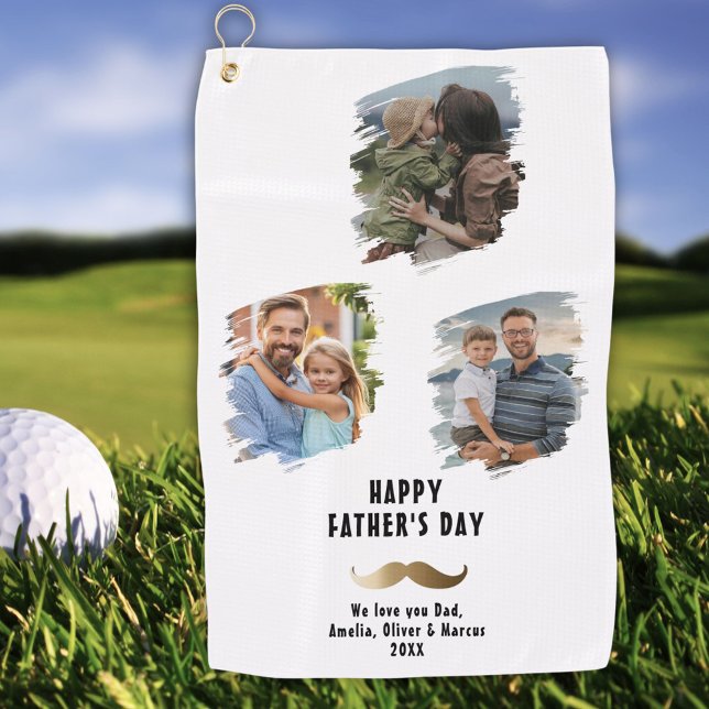 Gold Mustache Happy Father's Day 3 Photo Golf Towel (Creator Uploaded)