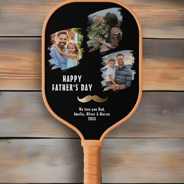 Gold Mustache Happy Father's Day 3 Photo Pickleball Paddle (Creator Uploaded)