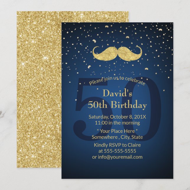 Gold Mustache Navy Blue 50th Birthday Party Invitation (Front/Back)