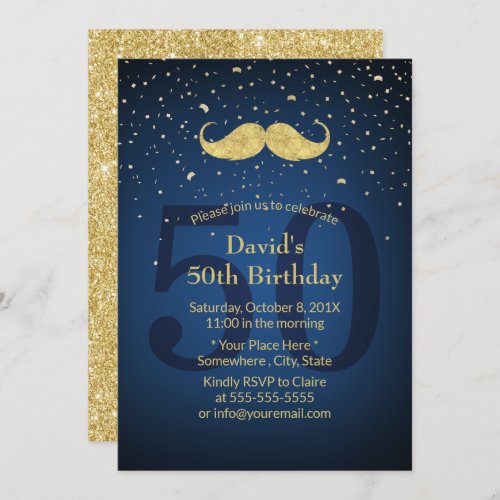 Gold Mustache Navy Blue 50th Birthday Party Invitation