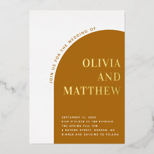 Gold mustard modern typography arch fall wedding foil invitation