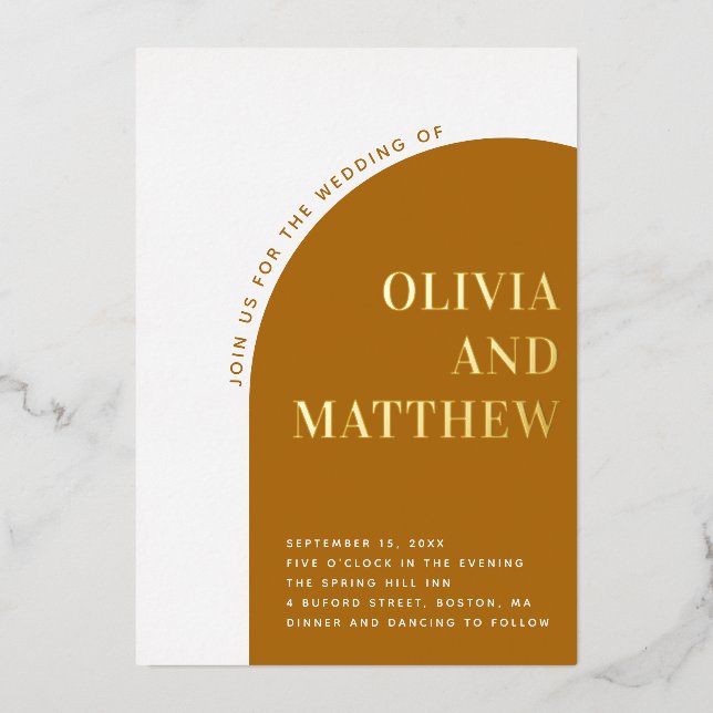 Gold mustard modern typography arch fall wedding foil invitation (Front)