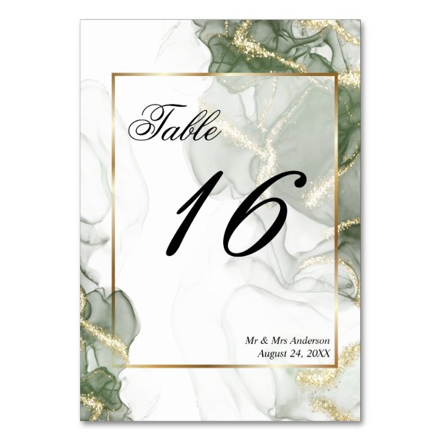 Gold Muted Sage Green Ink Table Number (Front)