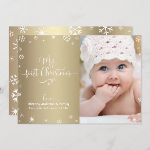 Gold My First Christmas Baby Photo Snowflakes Chic Holiday Card