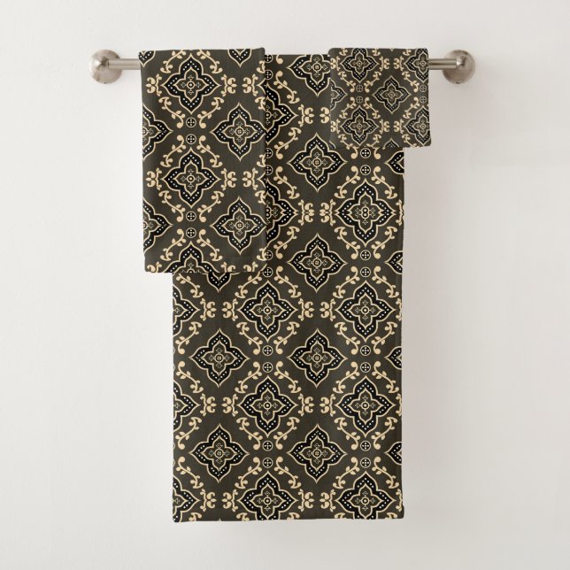 Gold n Brown Geometric Pattern / Indian Print  Bath Towel Set (Insitu)