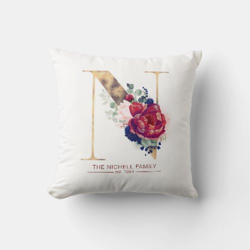 Gold N Monogram Floral Burgundy Red and Navy Blue Throw Pillow