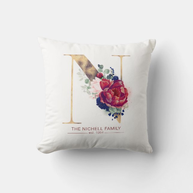 Gold N Monogram Floral Burgundy Red and Navy Blue Throw Pillow (Front)