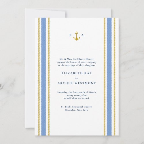 Gold n Navy Blue Nautical Stripes Coastal Wedding Invitation