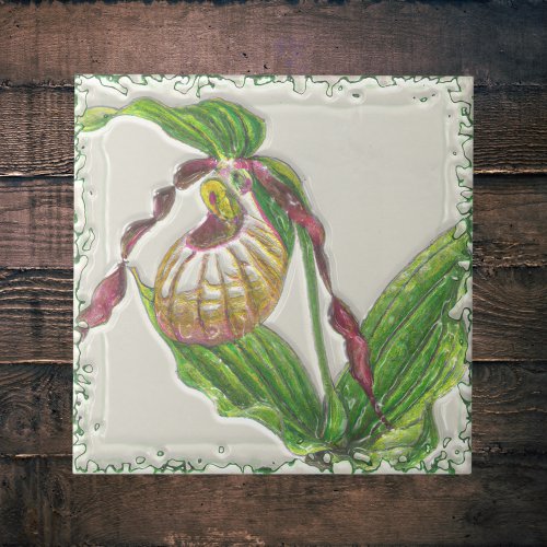 Gold n Red Lady Slipper Orchid Botanical Side View Ceramic Tile