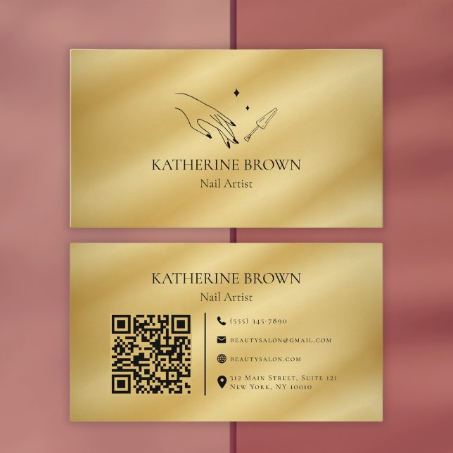 Gold Nail Artist QR Code For Professionals Business Card (Elegant Gold Nail Artist Business Card with QR Code for Professionals)