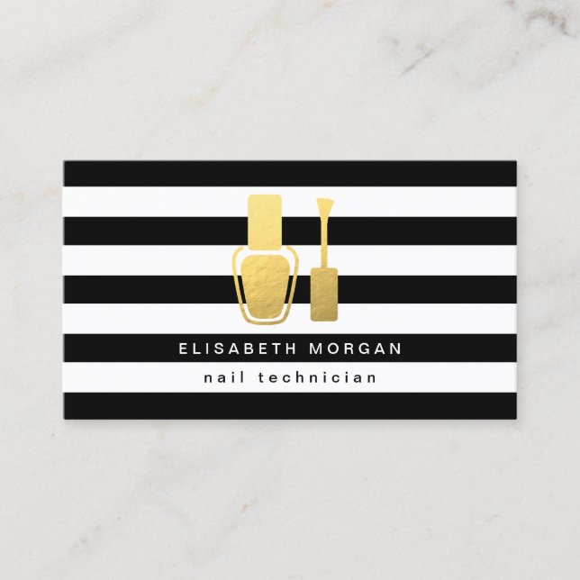 Gold Nail Polish Bottle Black White Stripes Business Card (Front)