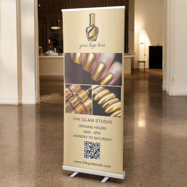 Gold Nail Salon QR Code Business Logo Photo Retrac Retractable Banner (Creator Uploaded)