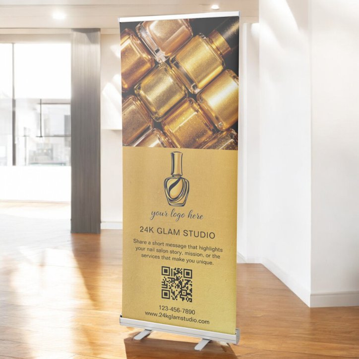 Gold Nail Salon QR Code Business Logo Photo Retractable Banner