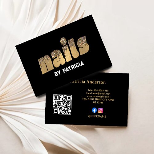 Gold Nails Glitter Drips Typography Nail Tech Business Card