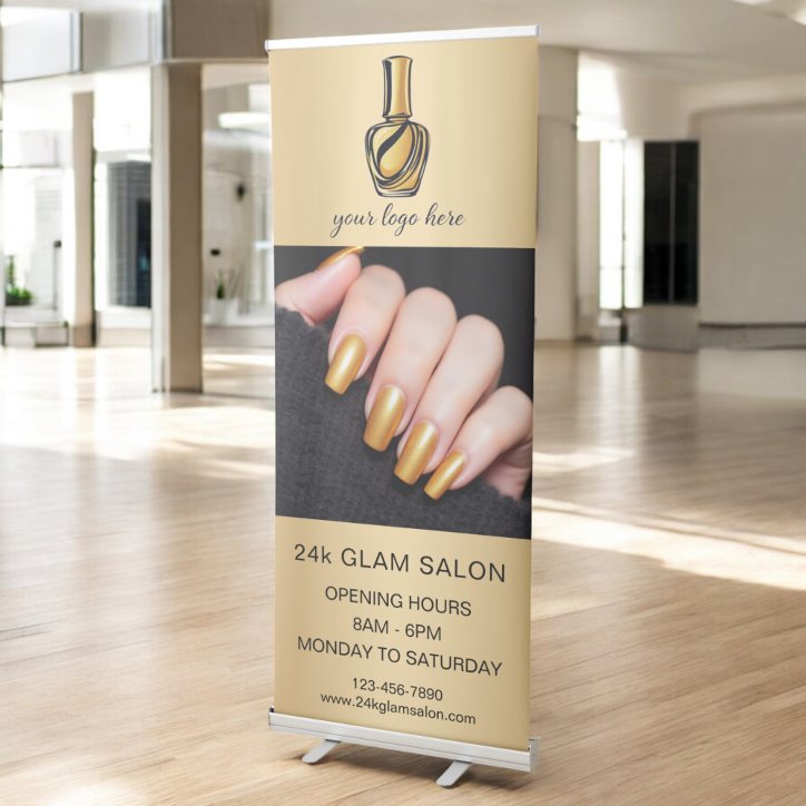 Gold Nails Specialist Salon Business Logo Photo Retractable Banner