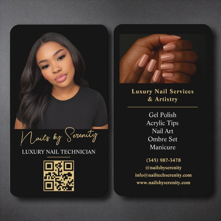 Gold Nails Technician QR Code Luxury Black Business Card
