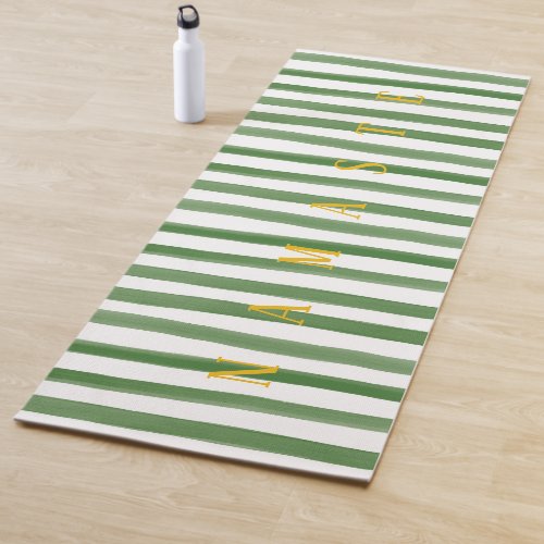 Gold Namaste  Green and White Watercolor Stripes Yoga Mat