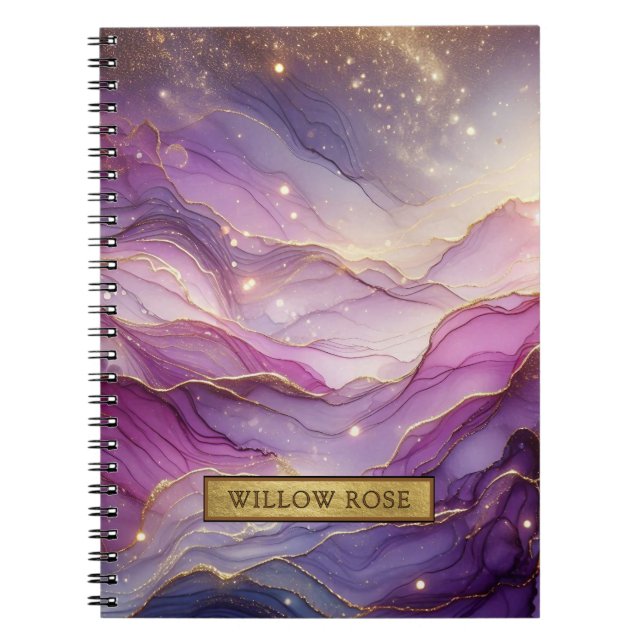 Gold Name Abstract Modern Purple Pink Chic Sparkle Notebook (Front)