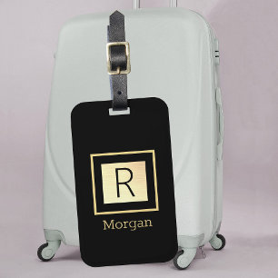 Gold Name & Black Monogram Over Gold Box Luggage Tag