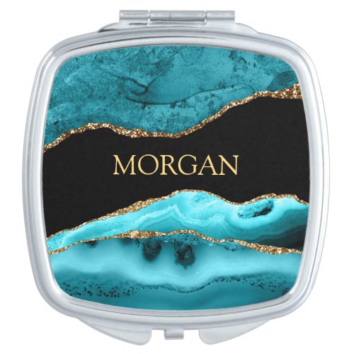 Gold Name or Monogram Black Gold  Teal Agate Compact Mirror