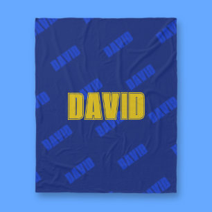 Gold Name & Repeating Blue Name on Dark Navy Blue Fleece Blanket