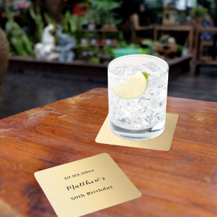 Gold name script birthday square paper coaster