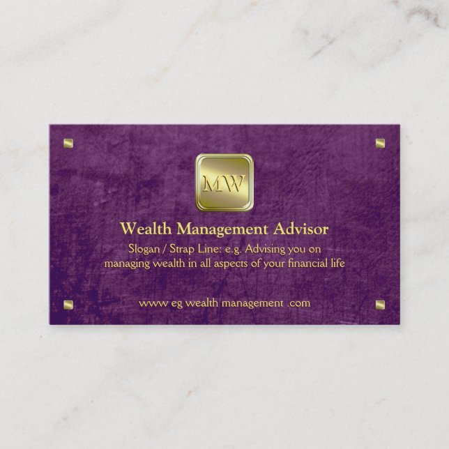 Gold nameplate purple leather-look, Wealth Advisor Business Card (Front)
