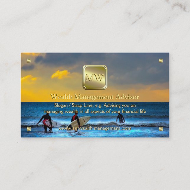 Gold nameplate, Sunset Surfing, Wealth Advisor Business Card (Front)