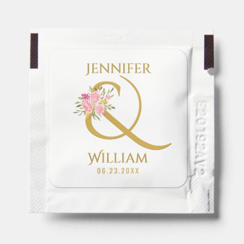 Gold names ampersand and pink roses wedding hand sanitizer packet