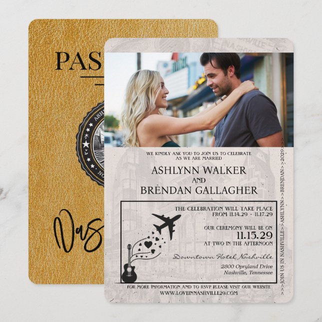 Gold Nashville Passport Wedding Invitation (Front/Back)