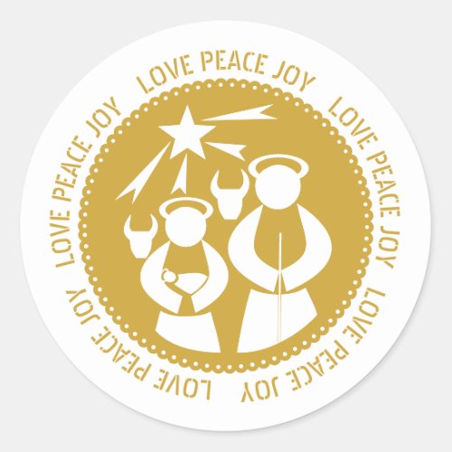 Gold nativity Scene Love Peace Joy Christmas Classic Round Sticker