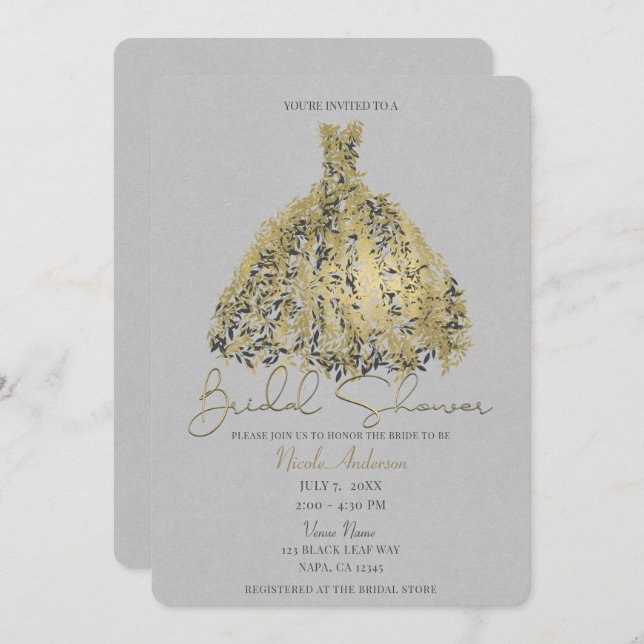 Gold & Natural Grey Botanical Dress Bridal Shower Invitation (Front/Back)