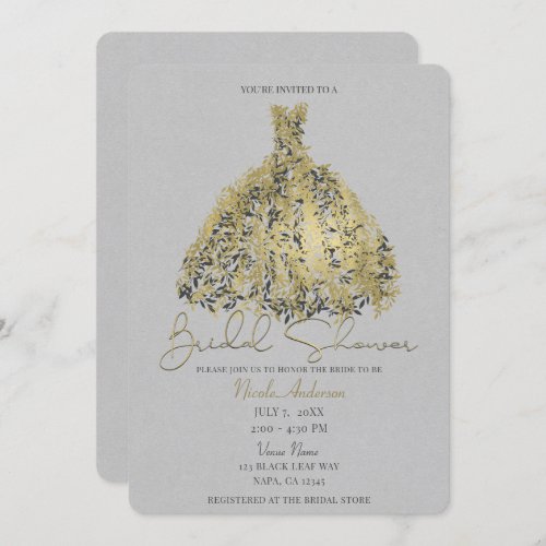 Gold  Natural Grey Botanical Dress Bridal Shower Invitation