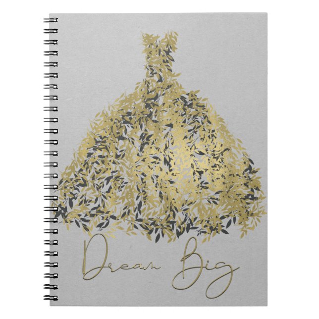 Gold Natural Grey Modern Botanical Dress Dream Big Notebook (Front)
