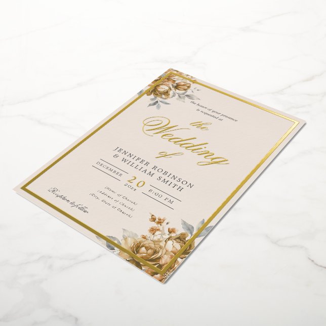 Gold Natural Rustic Floral Elegant Script Wedding  Foil Invitation (Rotated)