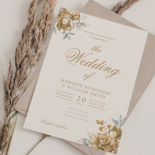 Gold Natural Rustic Floral Elegant Script Wedding  Invitation